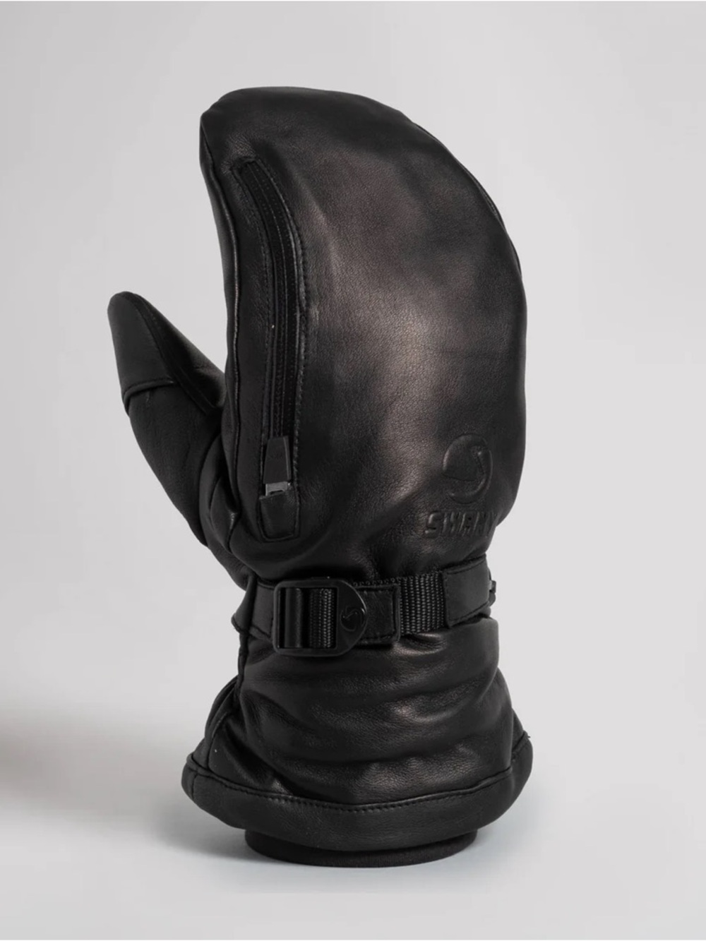 Swany Black Leather Snow Mittens with Wrist Buckle